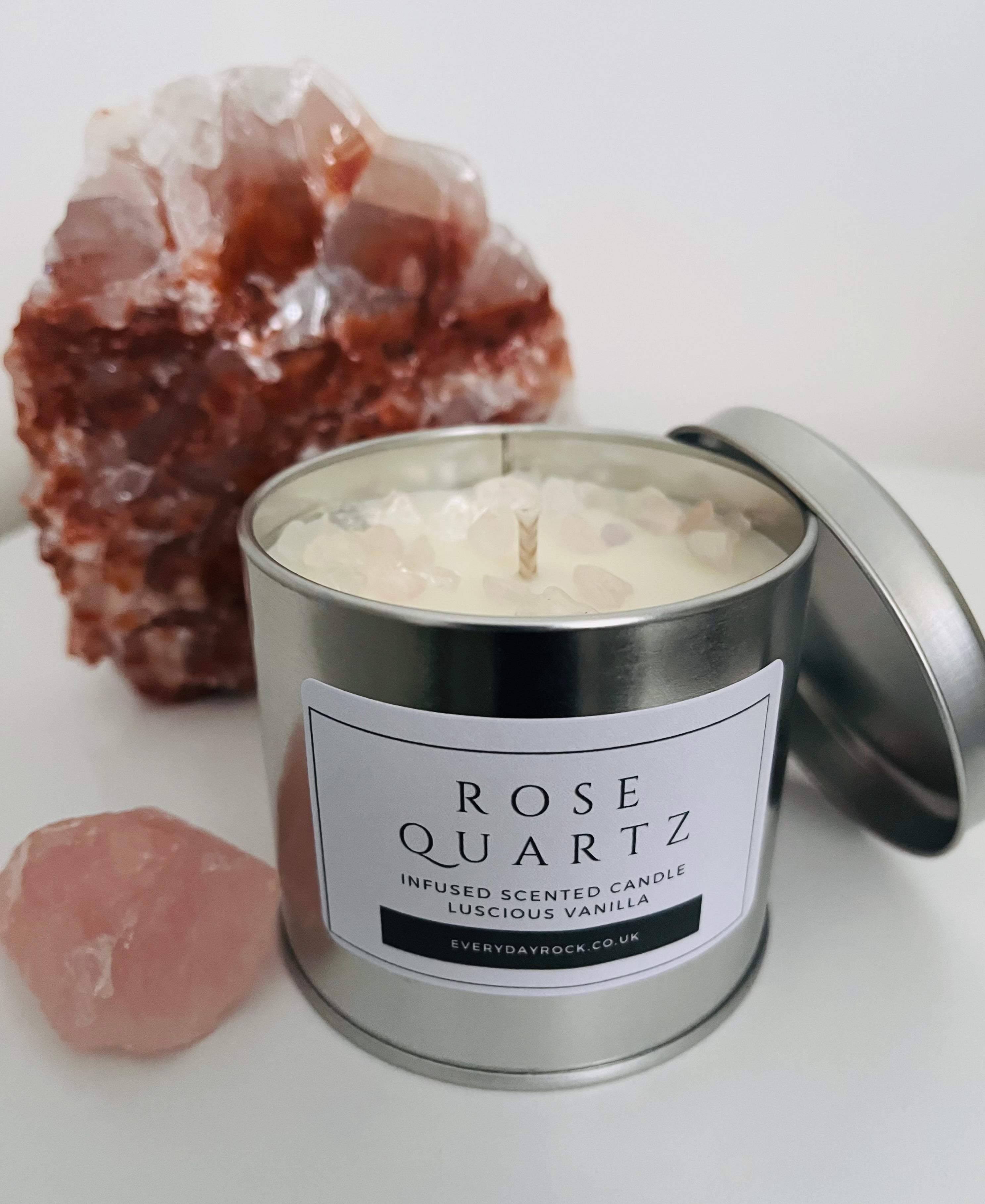 Rose Quartz Infused Scented Candle - Luscious Vanilla Fragrance
