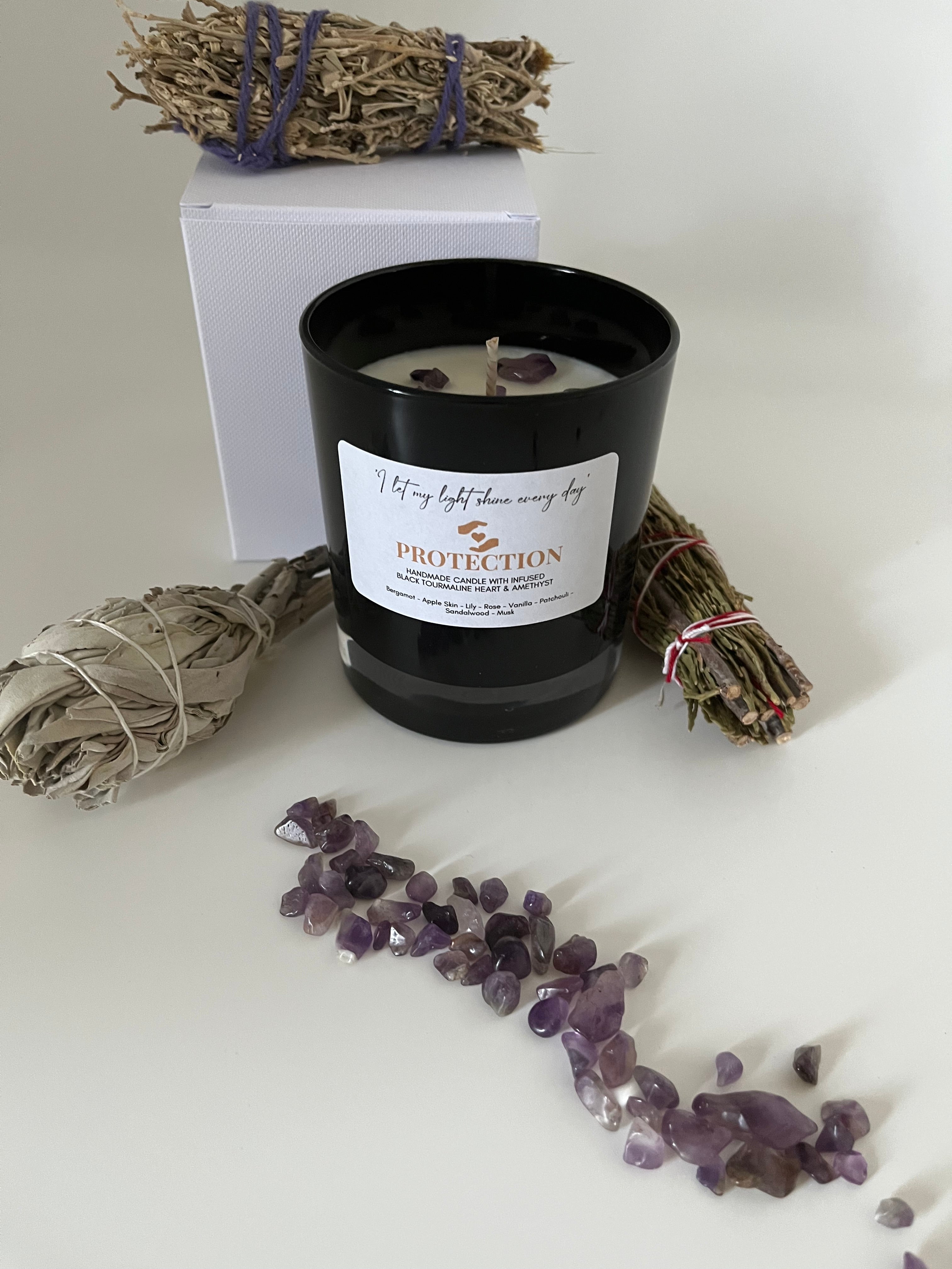 Protection Candle with Black Tourmaline and Amethyst Crystals - Everyday Rocks